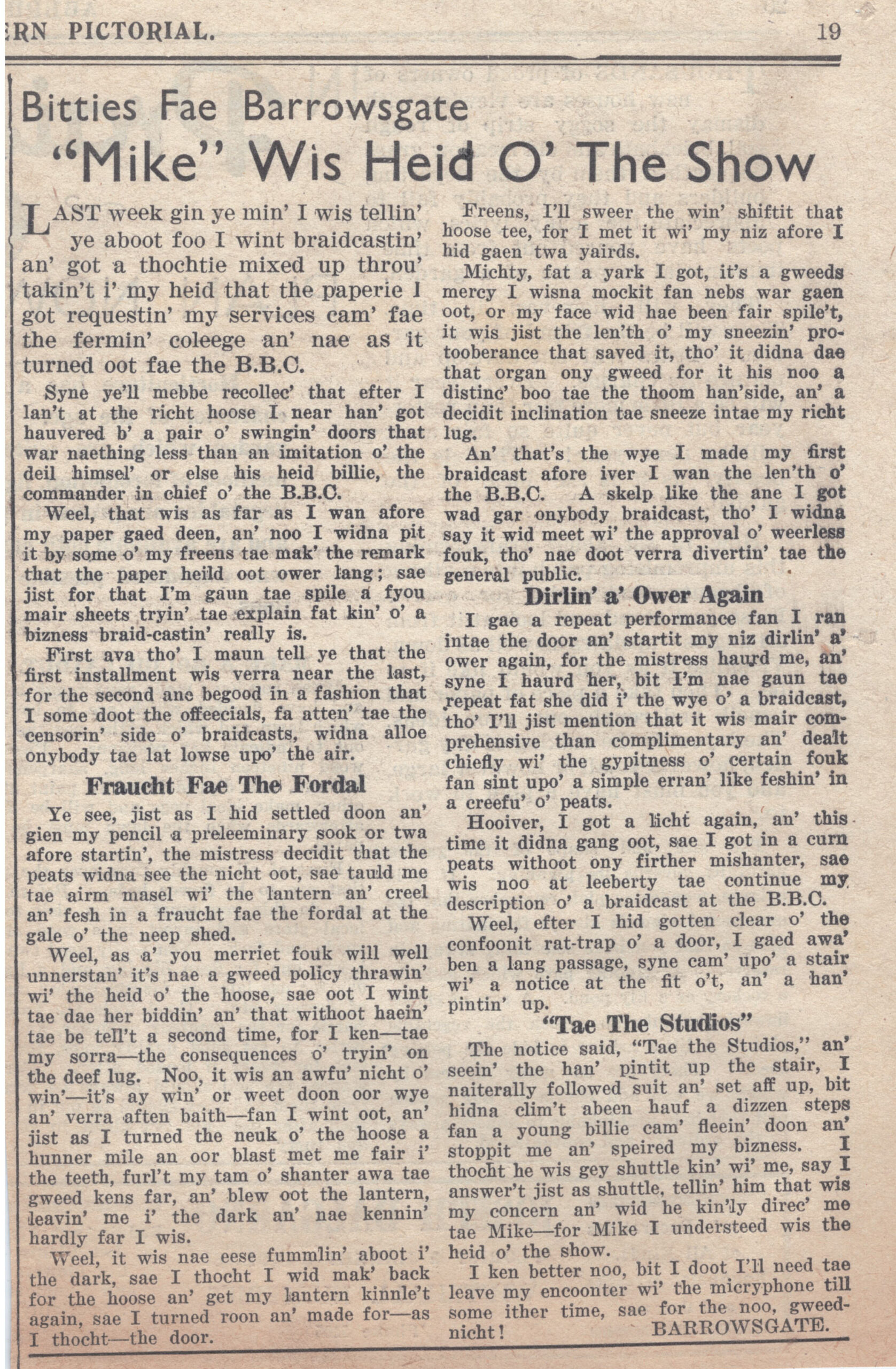 Wry obervations about rural life in north-east Scotland in the 1930s written by Barrowsgate in Doric