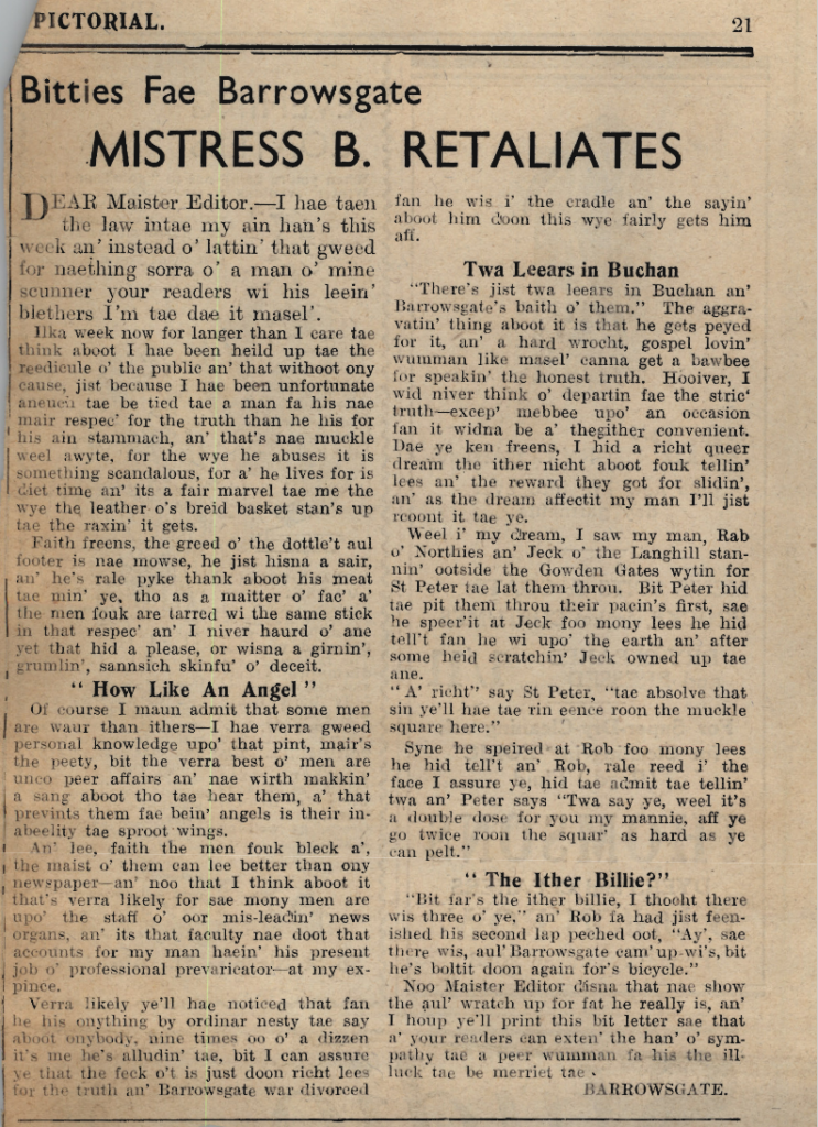 Wry obervations about rural life in north-east Scotland in the 1930s written by Barrowsgate in Doric