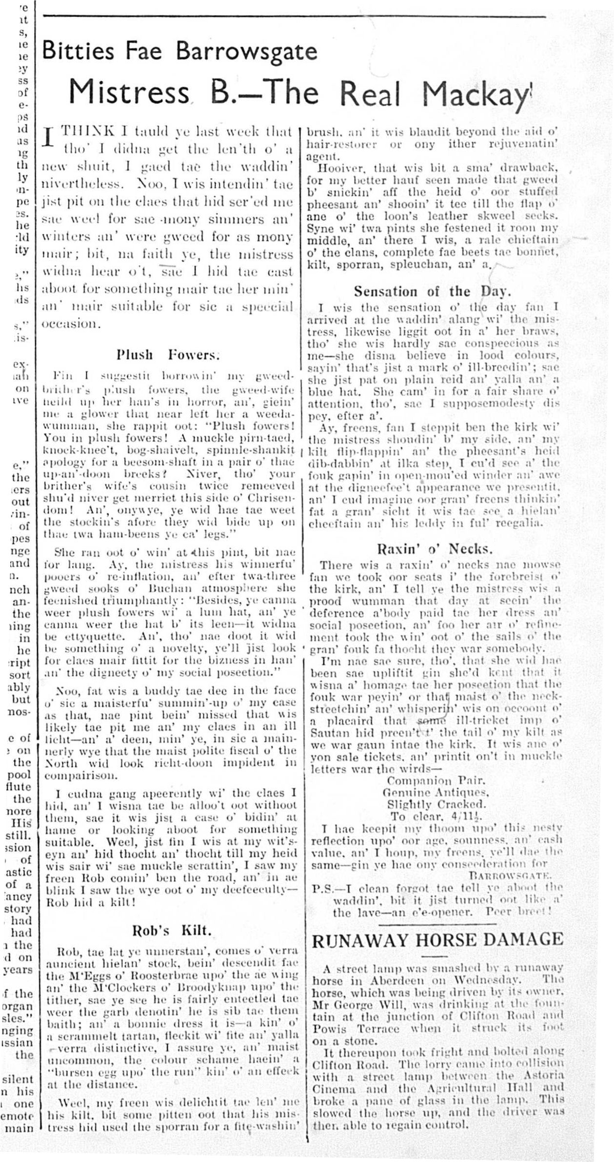 Wry obervations about rural life in north-east Scotland in the 1930s written by Barrowsgate in Doric