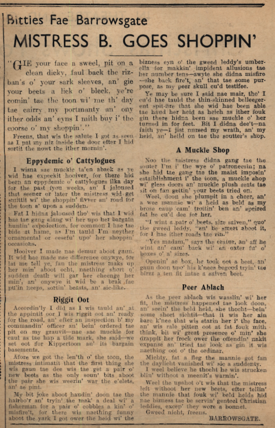 Wry obervations about rural life in north-east Scotland in the 1930s written by Barrowsgate in Doric