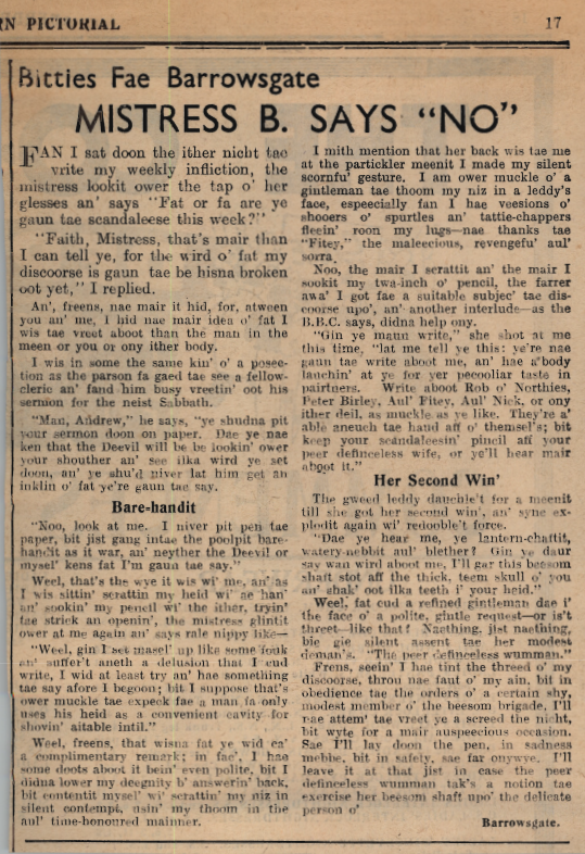 Wry obervations about rural life in north-east Scotland in the 1930s written by Barrowsgate in Doric