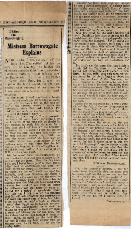 Wry obervations about rural life in north-east Scotland in the 1930s written by Barrowsgate in Doric