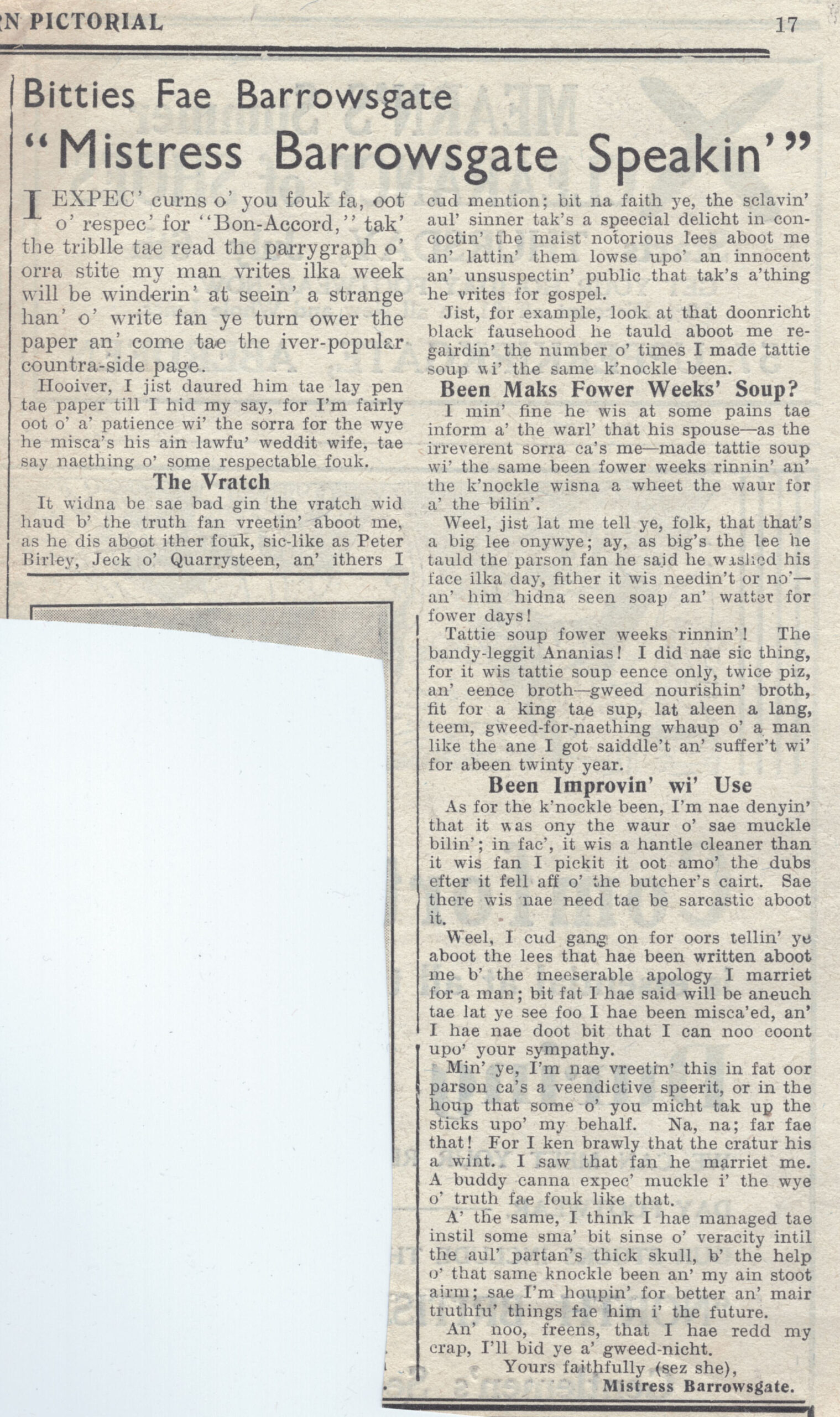 Wry obervations about rural life in north-east Scotland in the 1930s written by Barrowsgate in Doric