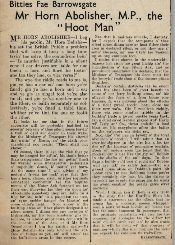 Wry obervations about rural life in north-east Scotland in the 1930s written by Barrowsgate in Doric