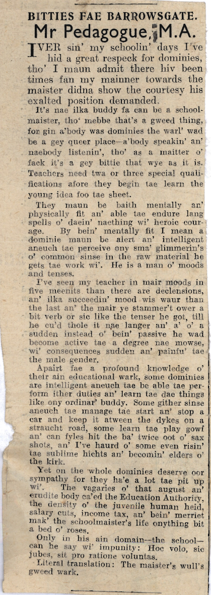 Wry obervations about rural life in north-east Scotland in the 1930s written by Barrowsgate in Doric