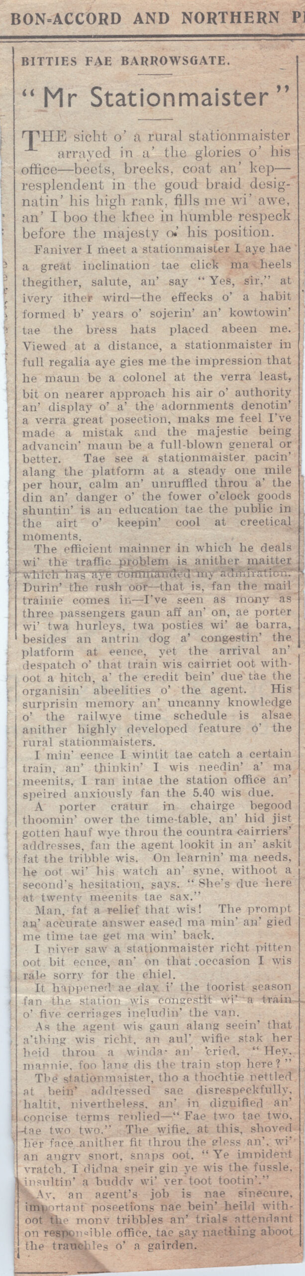 Wry obervations about rural life in north-east Scotland in the 1930s written by Barrowsgate in Doric