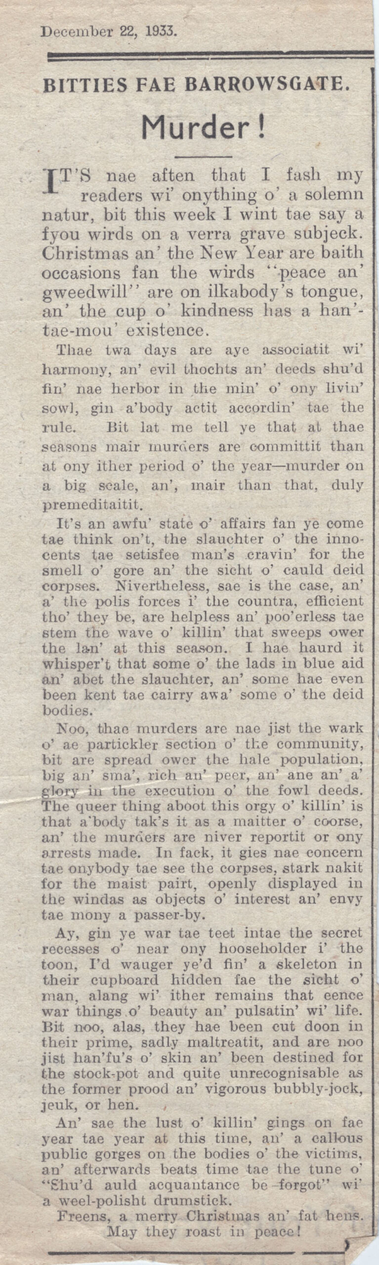 Wry obervations about rural life in north-east Scotland in the 1930s written by Barrowsgate in Doric
