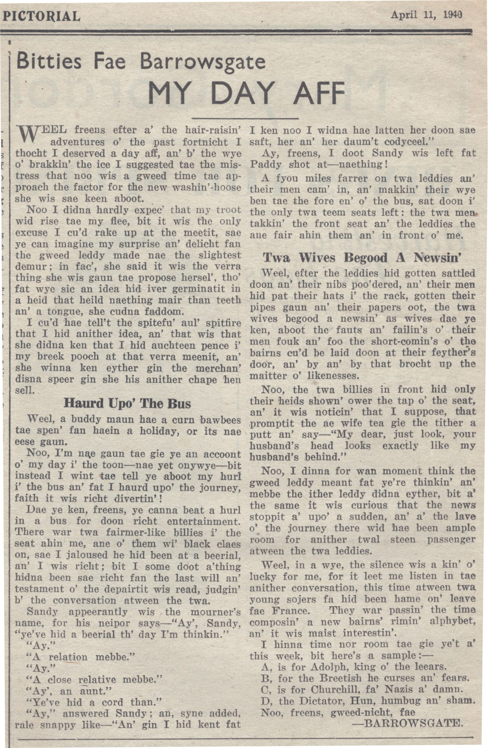 Wry obervations about rural life in north-east Scotland in the 1930s written by Barrowsgate in Doric