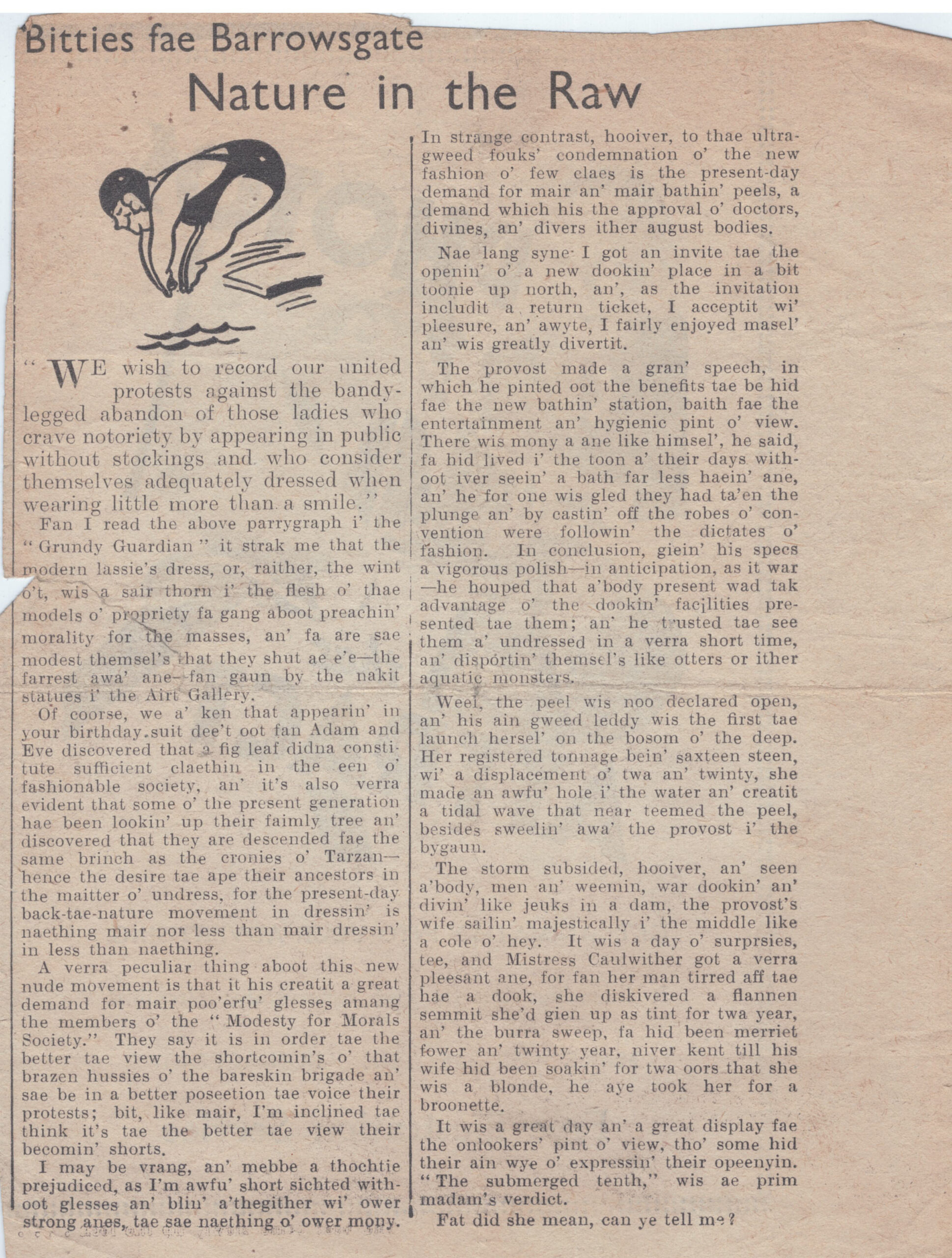 Wry obervations about rural life in north-east Scotland in the 1930s written by Barrowsgate in Doric