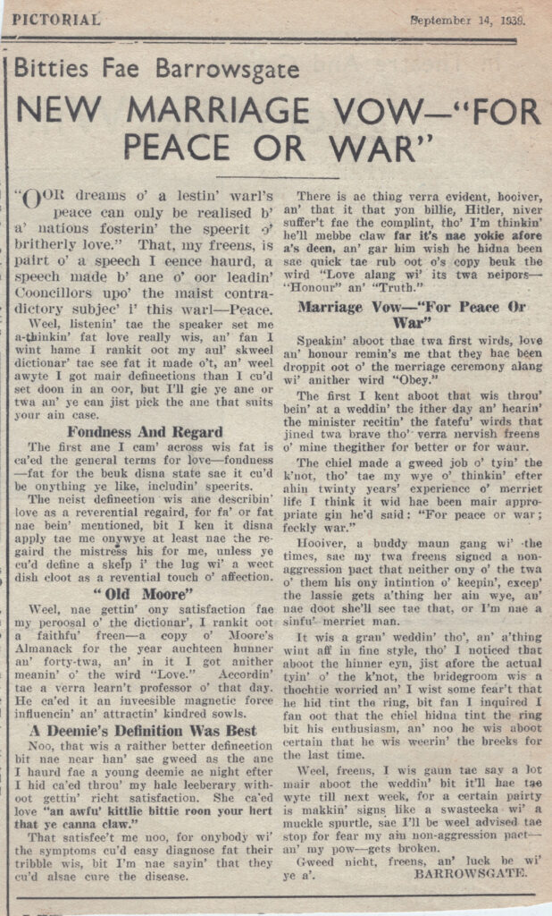 Wry obervations about rural life in north-east Scotland in the 1930s written by Barrowsgate in Doric