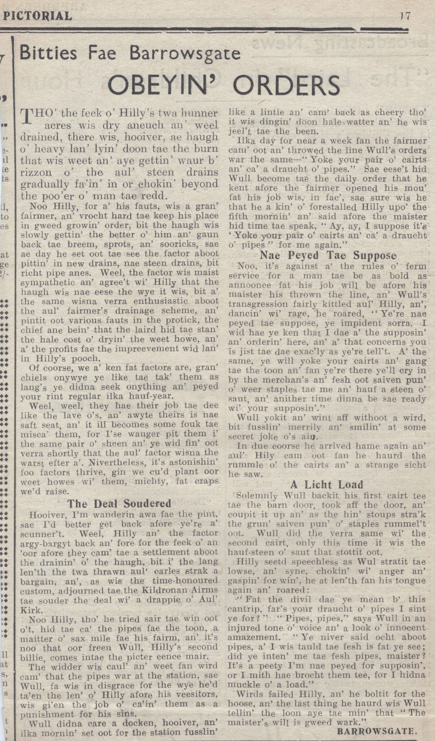 Wry obervations about rural life in north-east Scotland in the 1930s written by Barrowsgate in Doric