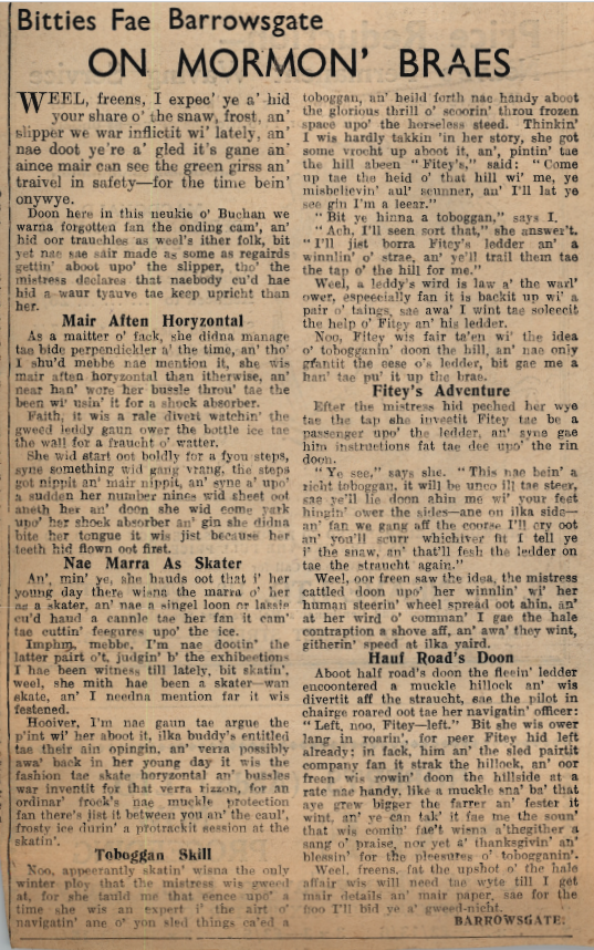 Wry obervations about rural life in north-east Scotland in the 1930s written by Barrowsgate in Doric