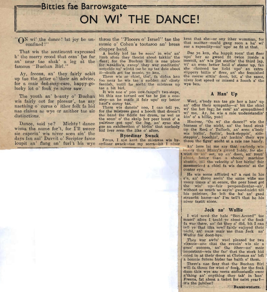 Wry obervations about rural life in north-east Scotland in the 1930s written by Barrowsgate in Doric