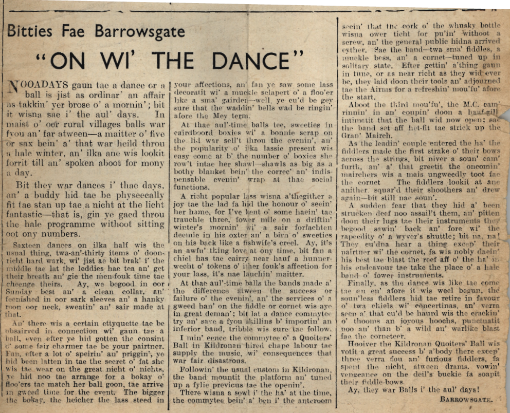 Wry obervations about rural life in north-east Scotland in the 1930s written by Barrowsgate in Doric