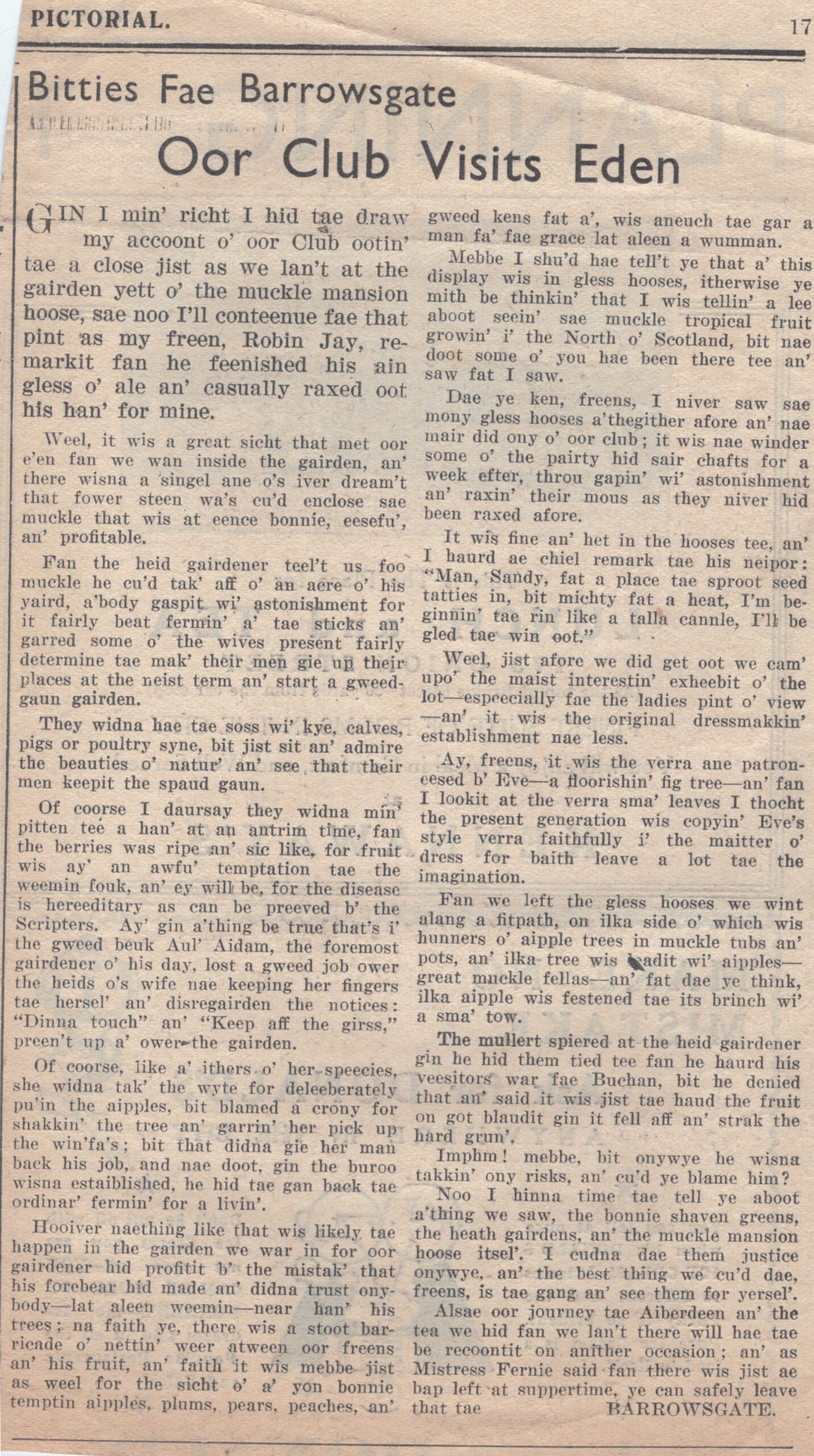 Wry obervations about rural life in north-east Scotland in the 1930s written by Barrowsgate in Doric