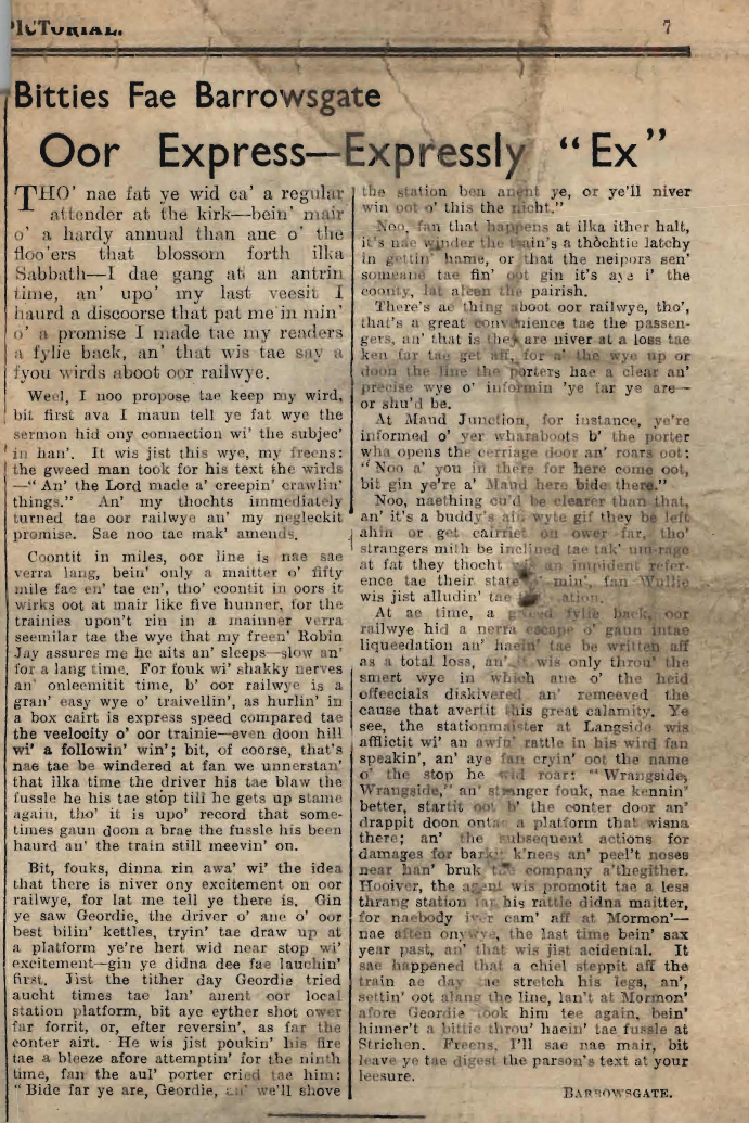 Wry obervations about rural life in north-east Scotland in the 1930s written by Barrowsgate in Doric