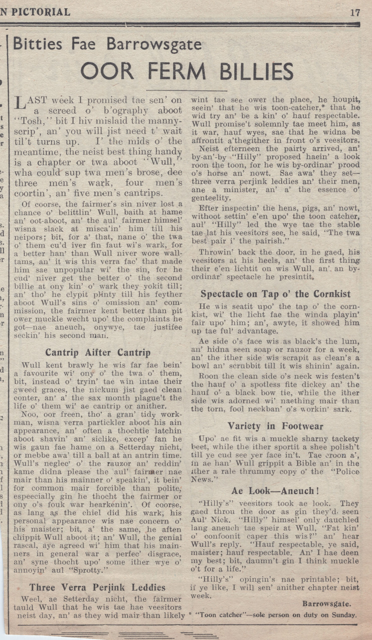 Wry obervations about rural life in north-east Scotland in the 1930s written by Barrowsgate in Doric