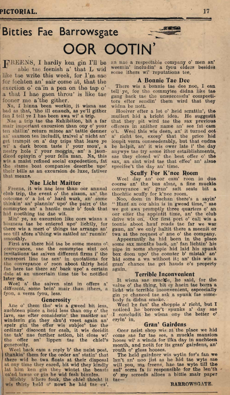 Wry obervations about rural life in north-east Scotland in the 1930s written by Barrowsgate in Doric