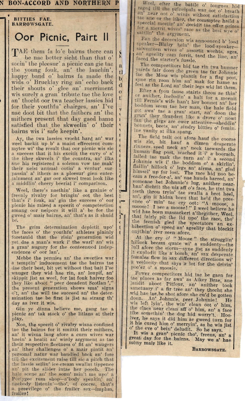 Wry obervations about rural life in north-east Scotland in the 1930s written by Barrowsgate in Doric