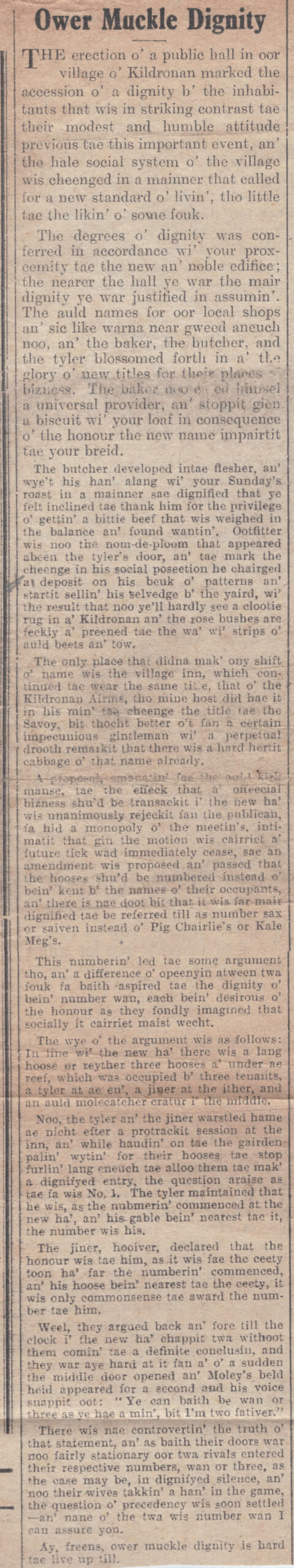 Wry obervations about rural life in north-east Scotland in the 1930s written by Barrowsgate in Doric