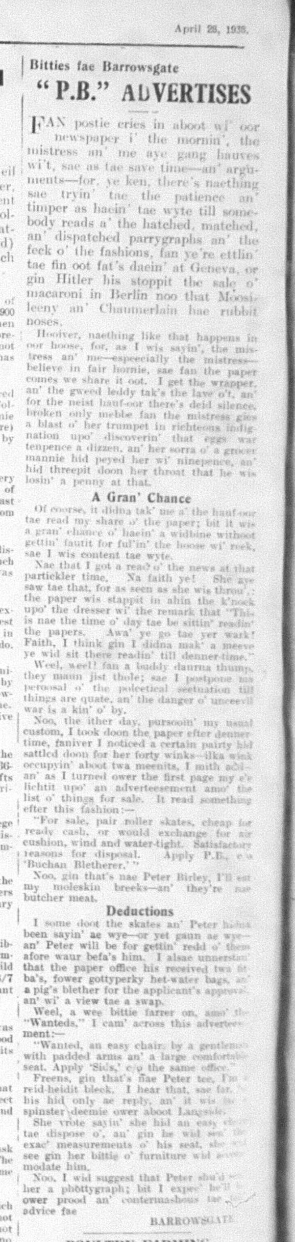 Wry obervations about rural life in north-east Scotland in the 1930s written by Barrowsgate in Doric
