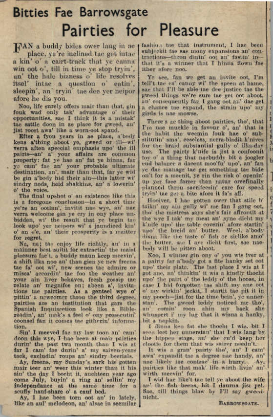 Wry obervations about rural life in north-east Scotland in the 1930s written by Barrowsgate in Doric