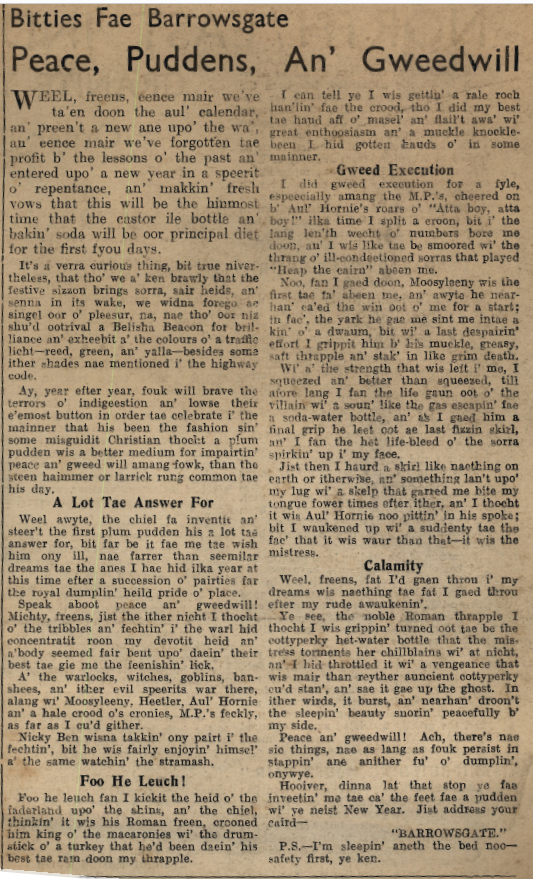 Wry obervations about rural life in north-east Scotland in the 1930s written by Barrowsgate in Doric