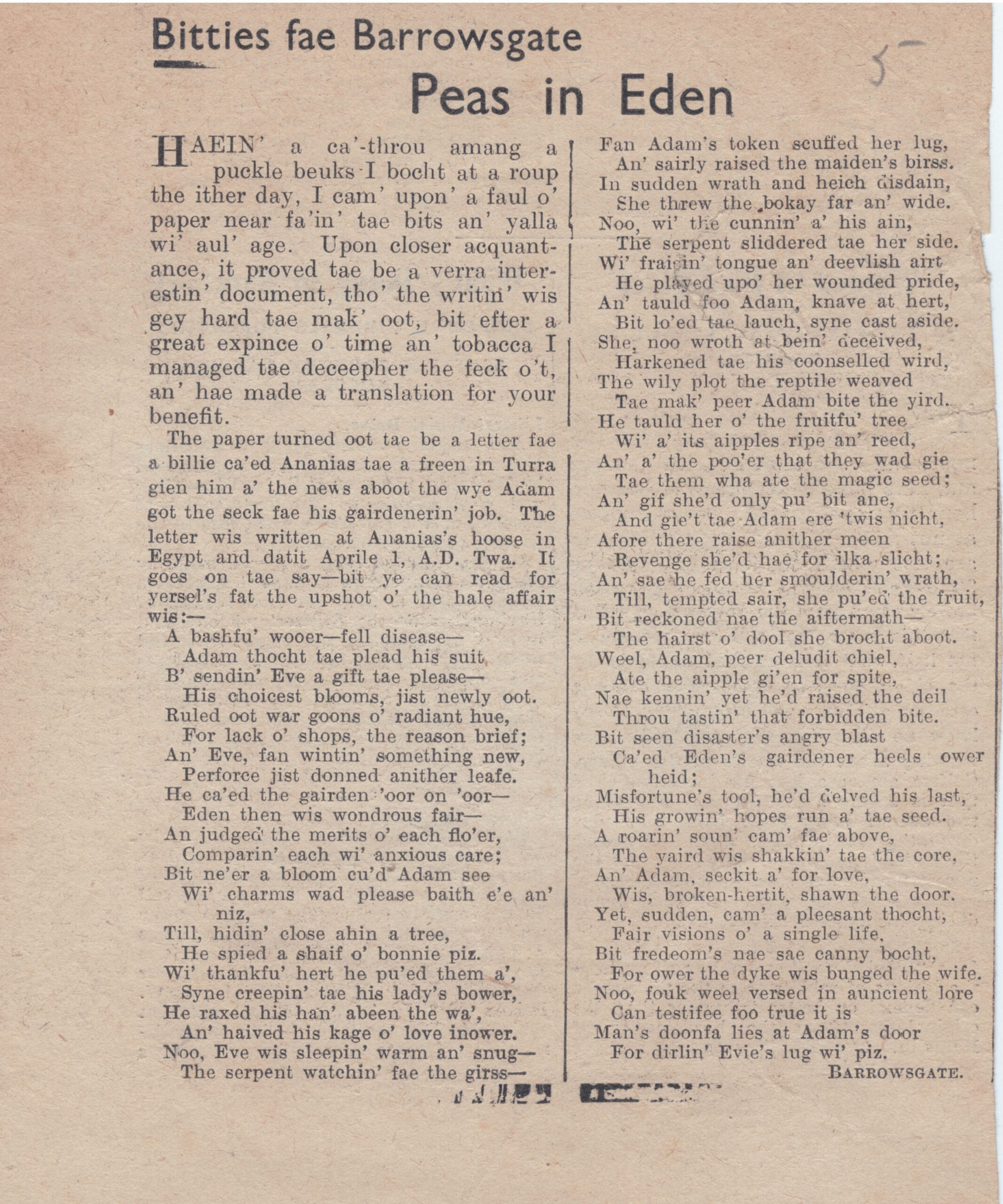 Wry obervations about rural life in north-east Scotland in the 1930s written by Barrowsgate in Doric