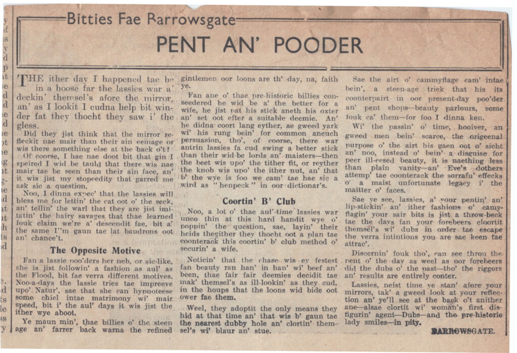 Wry obervations about rural life in north-east Scotland in the 1930s written by Barrowsgate in Doric