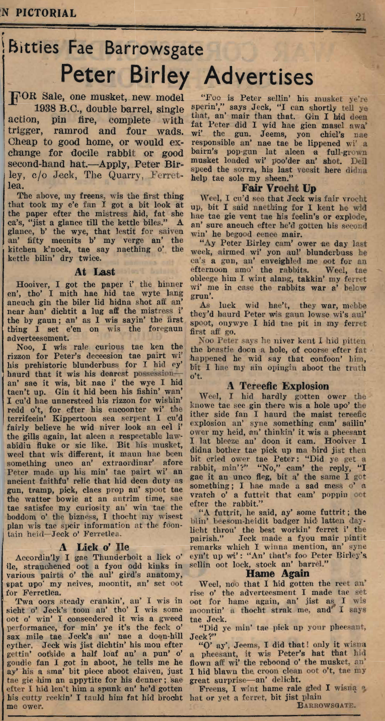 Wry obervations about rural life in north-east Scotland in the 1930s written by Barrowsgate in Doric