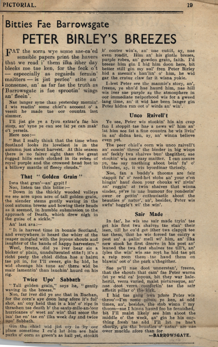 Wry obervations about rural life in north-east Scotland in the 1930s written by Barrowsgate in Doric