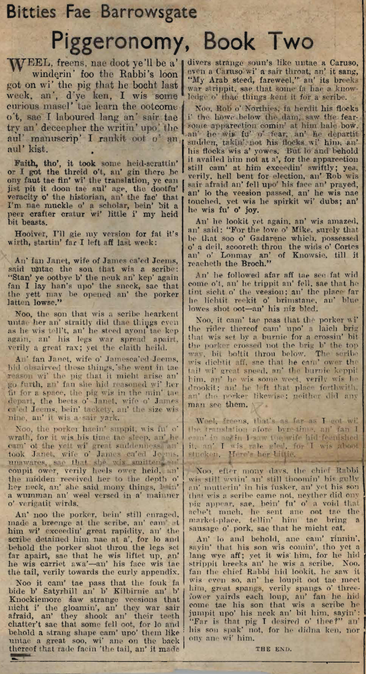 Wry obervations about rural life in north-east Scotland in the 1930s written by Barrowsgate in Doric