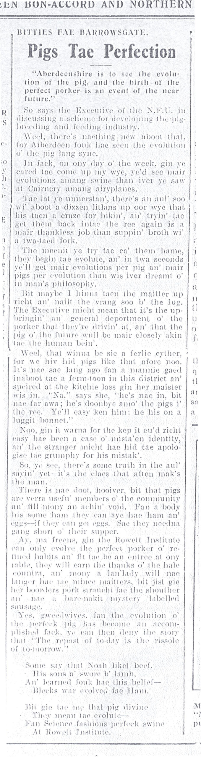 Wry obervations about rural life in north-east Scotland in the 1930s written by Barrowsgate in Doric