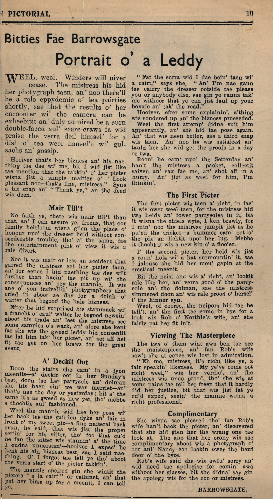 Wry obervations about rural life in north-east Scotland in the 1930s written by Barrowsgate in Doric