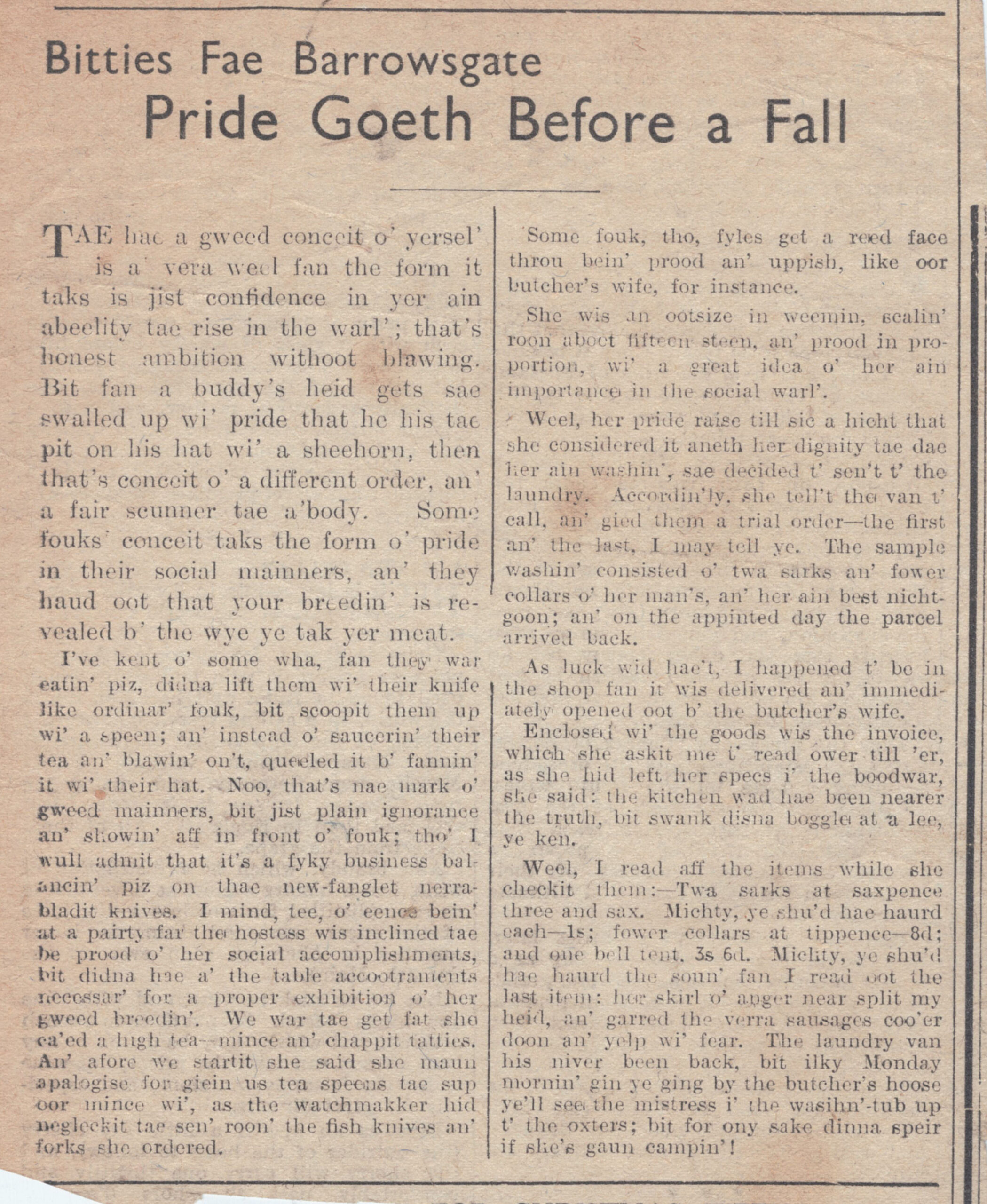 Wry obervations about rural life in north-east Scotland in the 1930s written by Barrowsgate in Doric