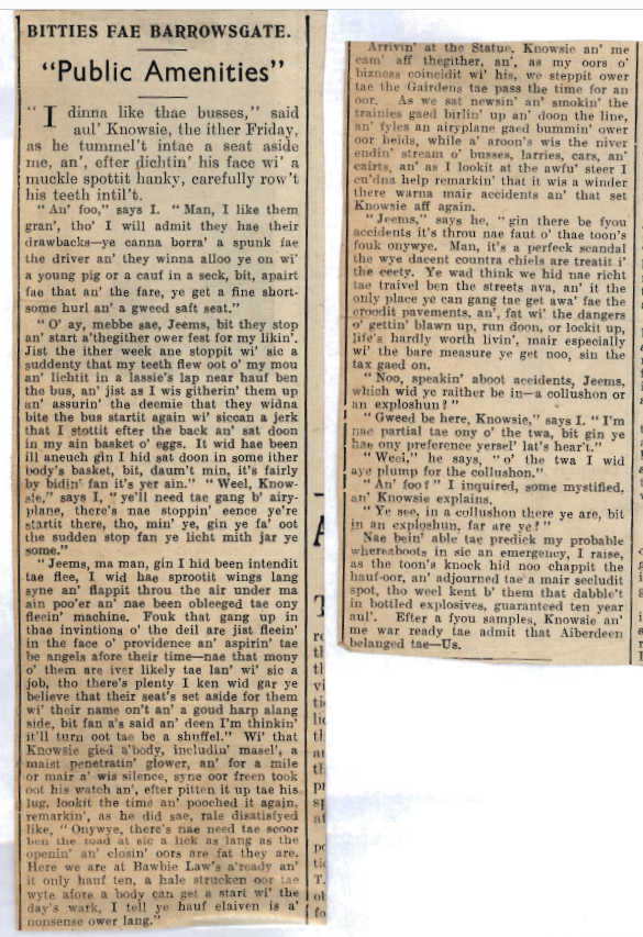 Wry obervations about rural life in north-east Scotland in the 1930s written by Barrowsgate in Doric