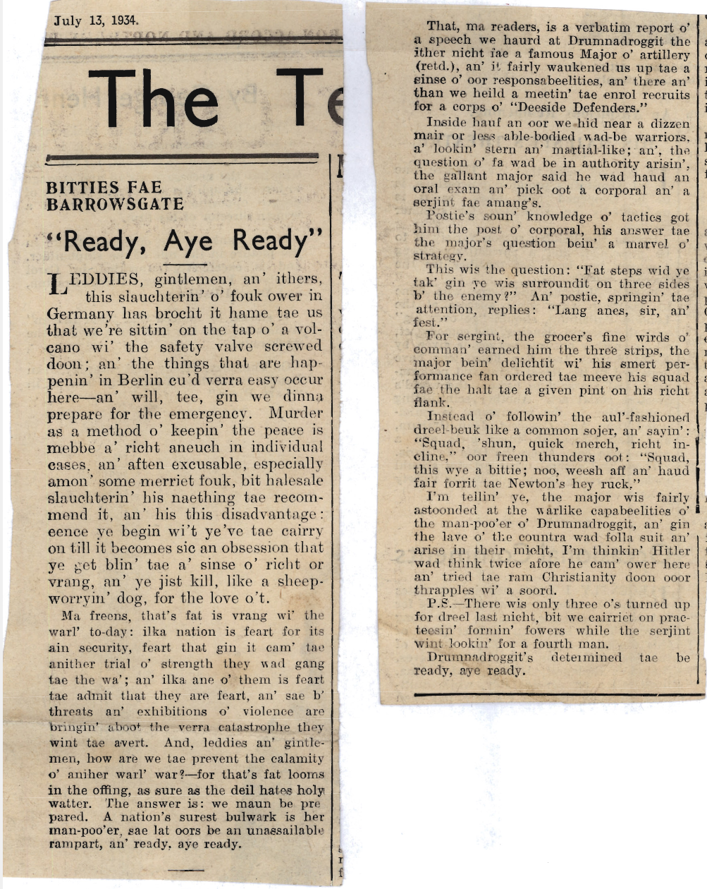 Wry obervations about rural life in north-east Scotland in the 1930s written by Barrowsgate in Doric