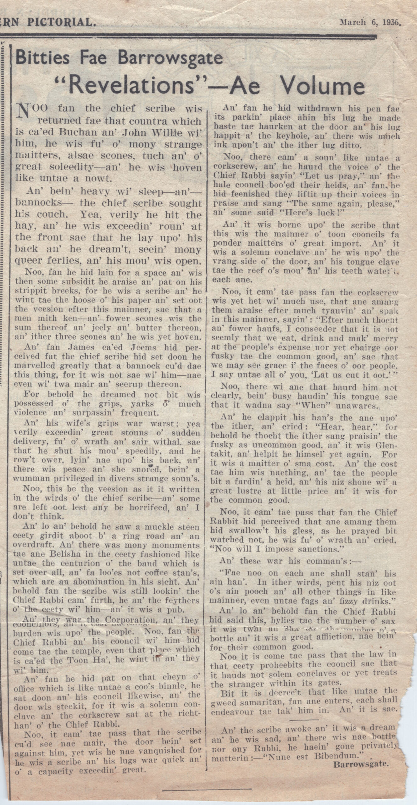 Wry obervations about rural life in north-east Scotland in the 1930s written by Barrowsgate in Doric