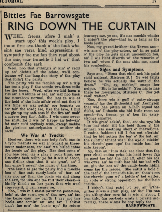 Wry obervations about rural life in north-east Scotland in the 1930s written by Barrowsgate in Doric