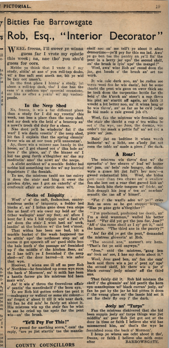 Wry obervations about rural life in north-east Scotland in the 1930s written by Barrowsgate in Doric