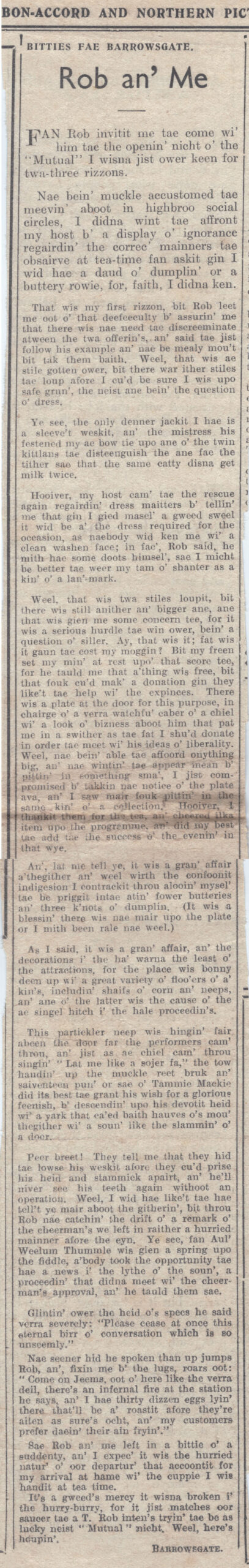 Wry obervations about rural life in north-east Scotland in the 1930s written by Barrowsgate in Doric