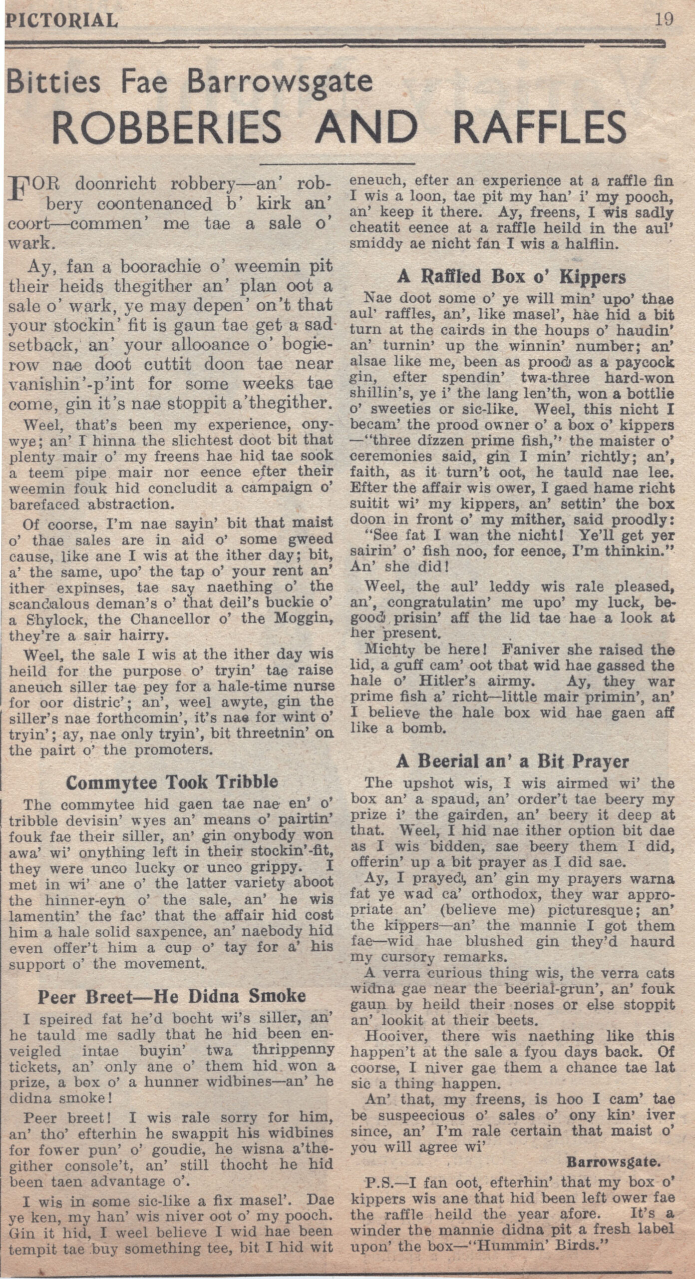 Wry obervations about rural life in north-east Scotland in the 1930s written by Barrowsgate in Doric