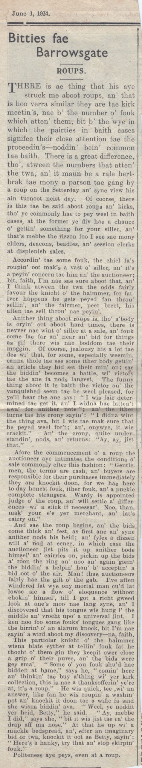 Wry obervations about rural life in north-east Scotland in the 1930s written by Barrowsgate in Doric