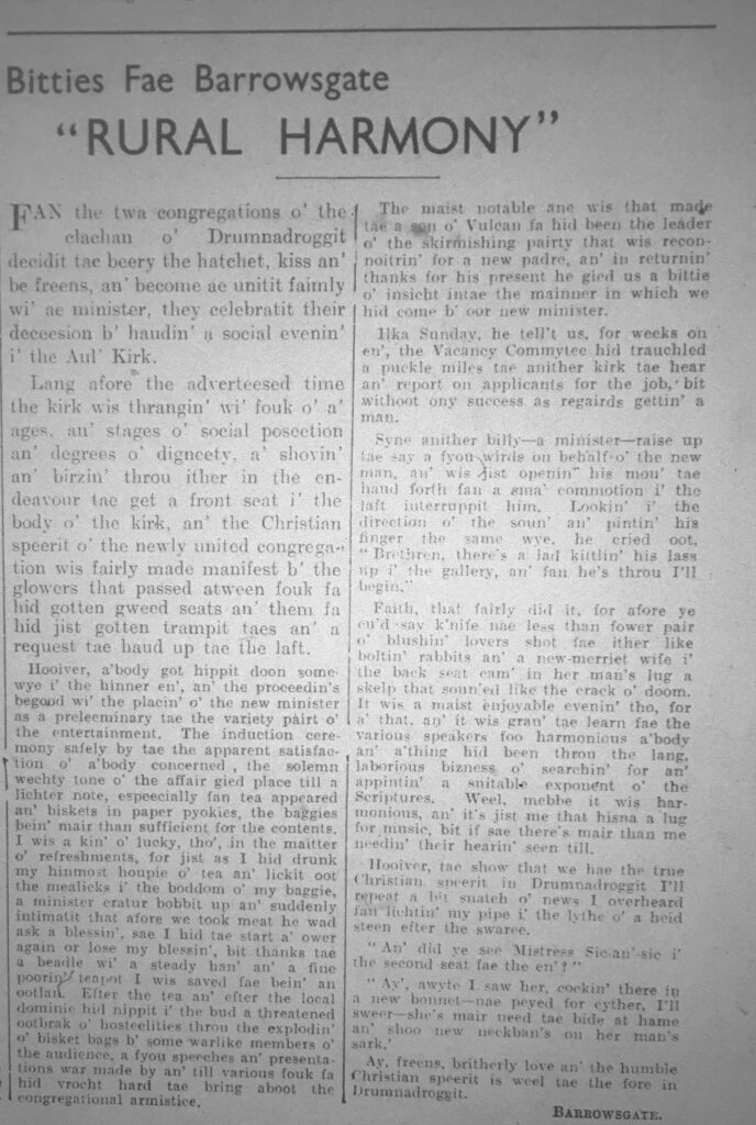 Wry obervations about rural life in north-east Scotland in the 1930s written by Barrowsgate in Doric