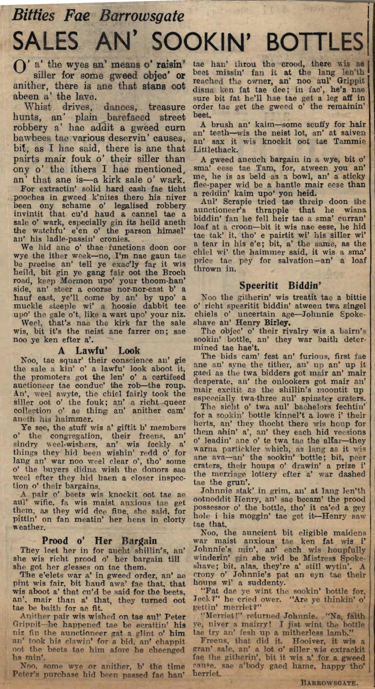 Wry obervations about rural life in north-east Scotland in the 1930s written by Barrowsgate in Doric