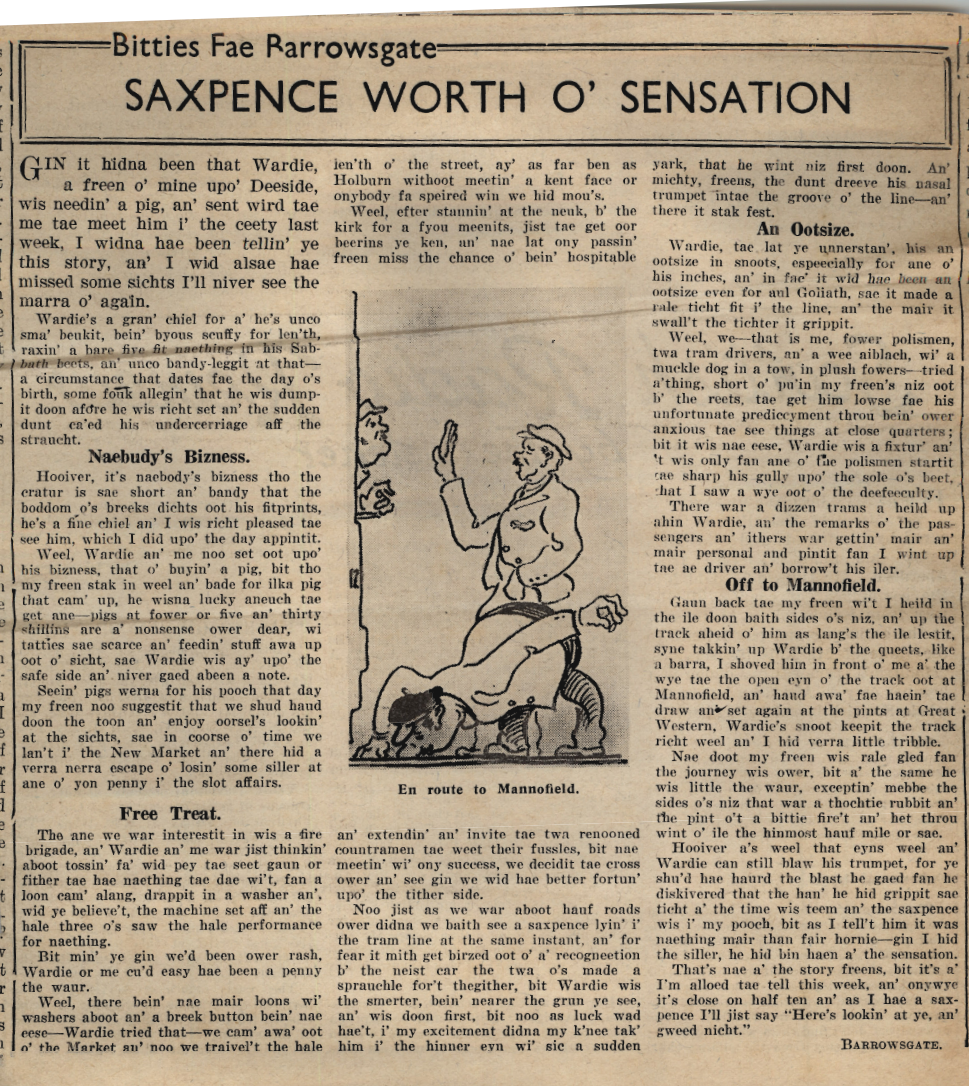 Wry obervations about rural life in north-east Scotland in the 1930s written by Barrowsgate in Doric