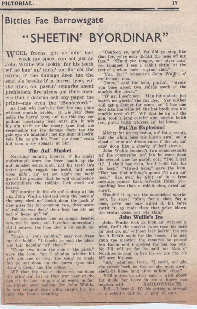 Wry obervations about rural life in north-east Scotland in the 1930s written by Barrowsgate in Doric
