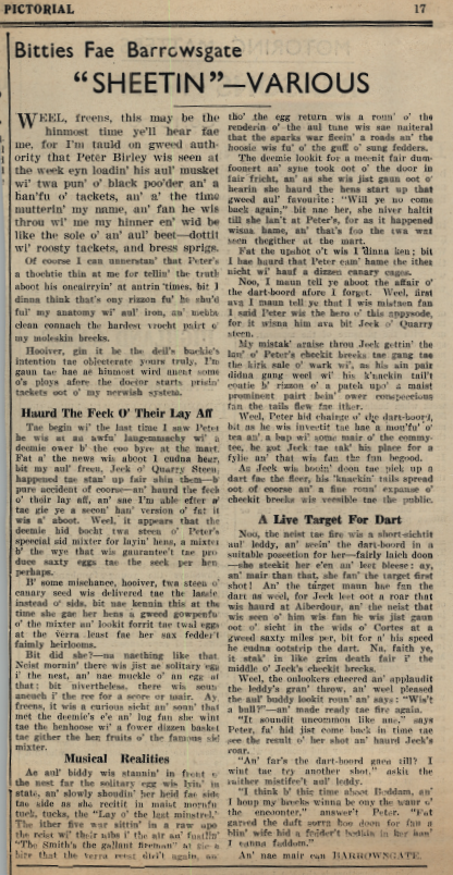 Wry obervations about rural life in north-east Scotland in the 1930s written by Barrowsgate in Doric