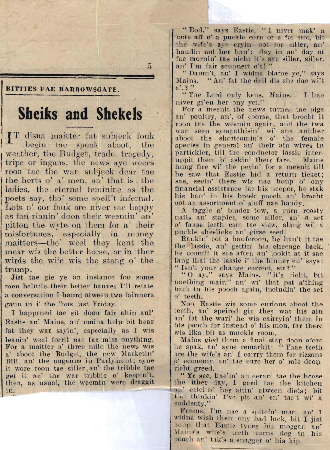 Wry obervations about rural life in north-east Scotland in the 1930s written by Barrowsgate in Doric