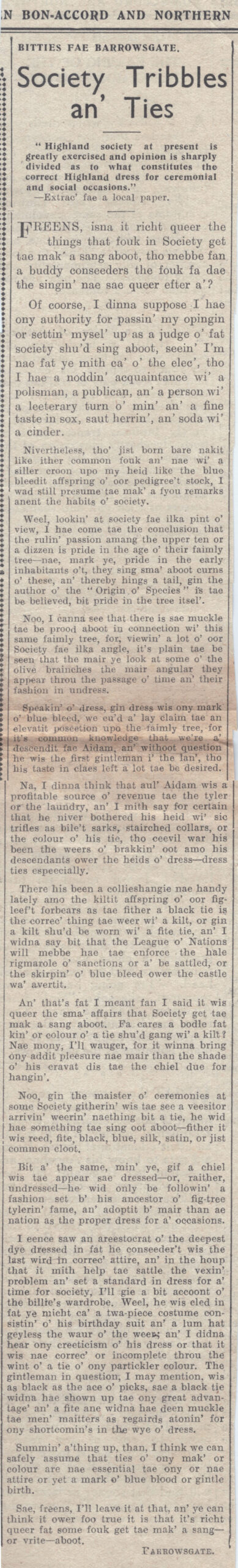 Wry obervations about rural life in north-east Scotland in the 1930s written by Barrowsgate in Doric